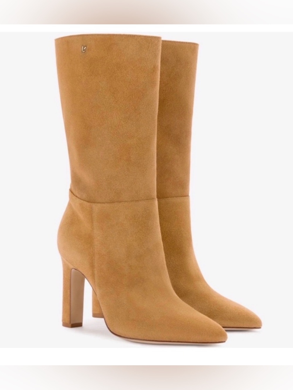 Larroude Mid-Calf Suede Almond-Toe Heeled Boots-Camel color-size 6 NEW